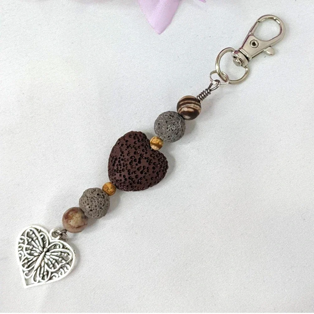 Hand Crafted Brown and Silver Heart Lava Stone Keychain